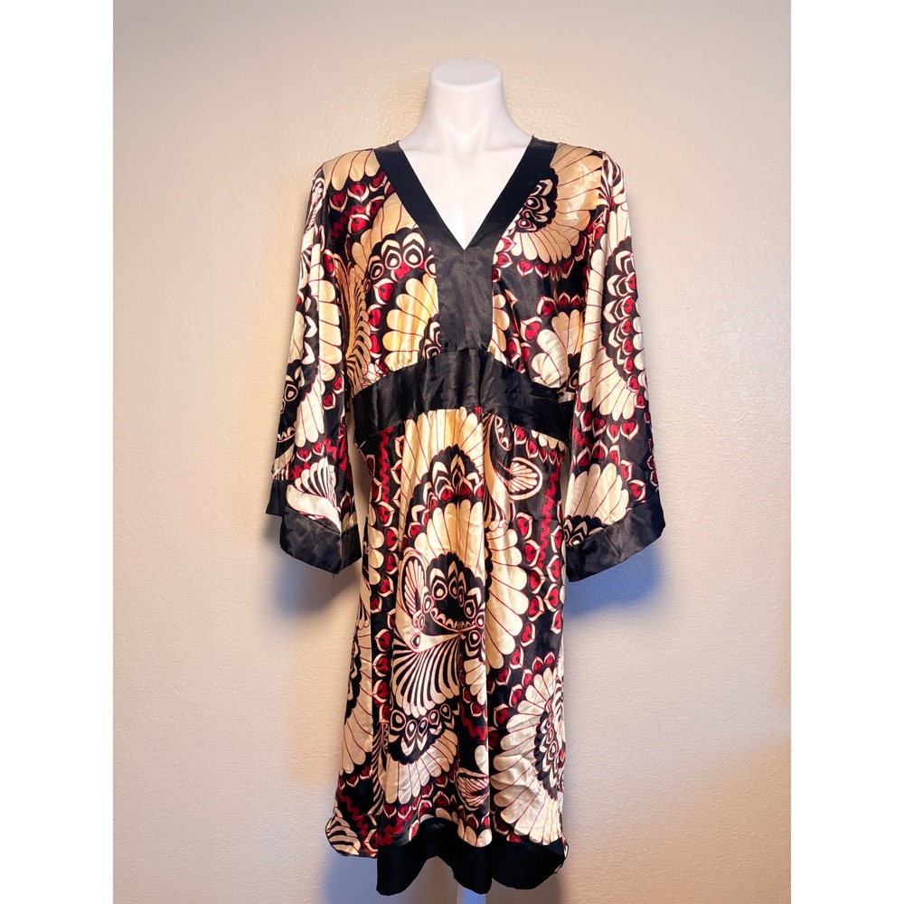 Y2K Caren Sport Satin Paisley Print V-Neck Kimono Sleeve Shift Dress #11